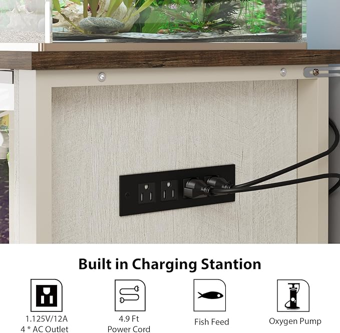 Rresyet 40-50 Gallon Aquarium Stand with Heavy Duty Metal Frame, Fish Tank Stand with Power Outlets, Two Glasses Door Storage Cabinet, Suitable for Turtle Tank, Reptile Tank, White+Brown
