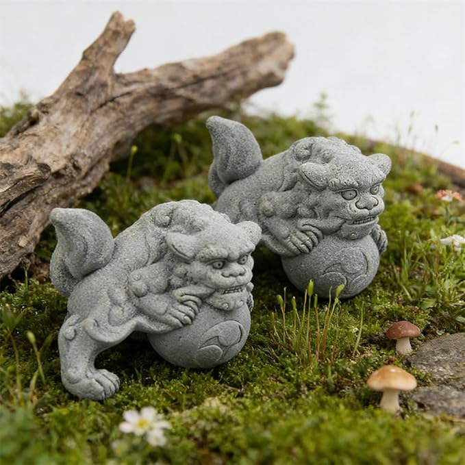 livelyfish Aquarium Fu Foo Dogs Statue Decorations A Pair of Asian Sandstone Lion Figures Sculpture for Fish Tanks Garden Bonsai Decor Gifts,E