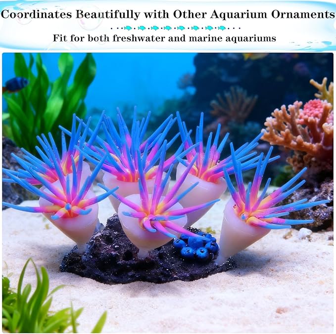 Silicone Glowing Effect Aquarium Fish Tank Decorations, Artificial Soft Anemone Coral Plants Ornaments for Aquarium Decor Landscape, Glow in Dark Fish Tank Accessories Decorations(Blue)