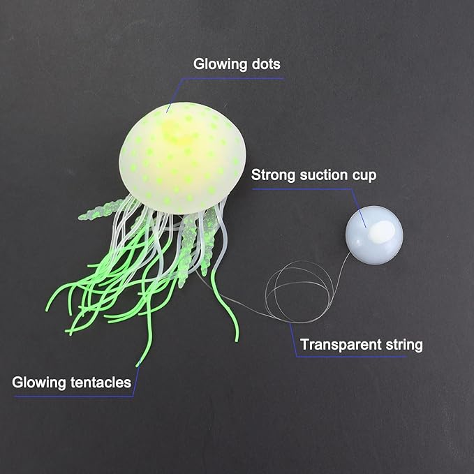 WishLotus Aquarium Jellyfish Decoration, Soft Silicone Glowing Aquarium Decorations Fluorescent Jellyfish with Suction Cup New Upgraded Simulation Aquarium Decor for Various Fish Tank (A, Green)