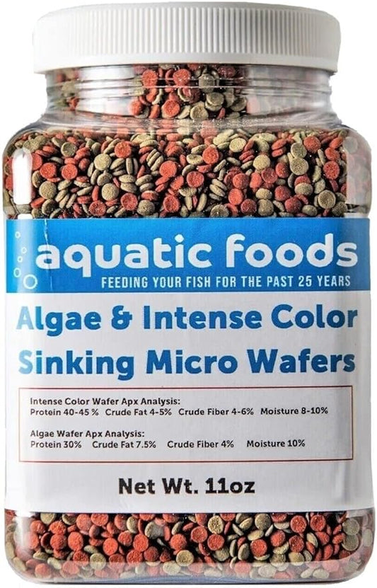 3.5mm - 1/8" Micro Wafer Mix of Spirulina Algae & Intense Color Enhancing Sinking Micro Wafers for Catfish, Plecos, Bottom Fish, Shrimp, Crabs, All Tropical Fish..11oz Small Jar