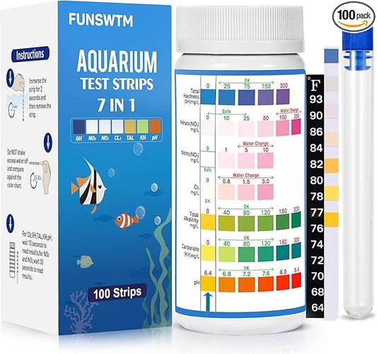 Aquarium Test Strips for Freshwater Fish: 7 in 1 Fish Tank Water Testing Kit for Aquarium Pond - Accurate Testing Nitrate Nitrite Hardness Free Chlorine pH Carbonate Total Alkalinity-100 Strips
