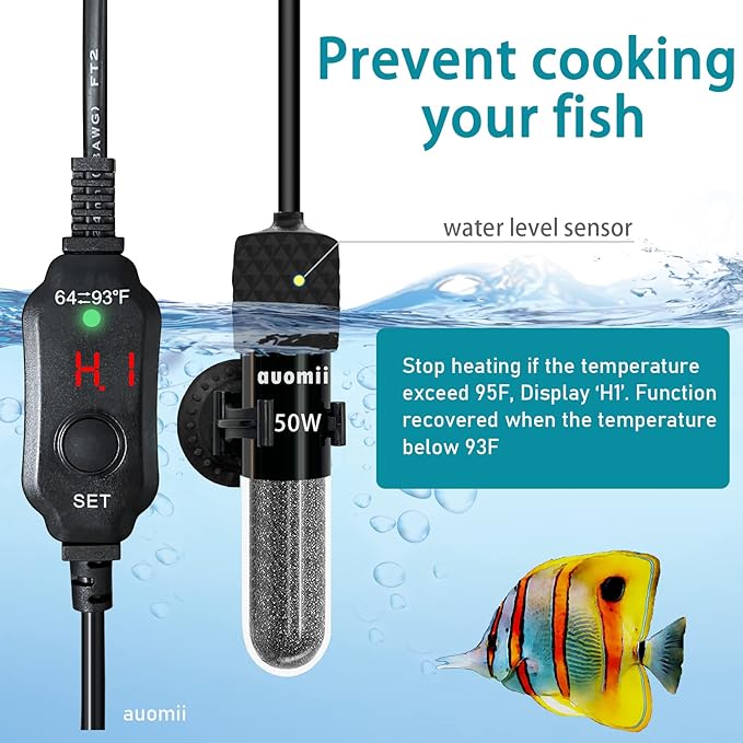 Small Submersible Aquarium Heater,Adjustable Mini Fish Tank Heater 25/50/100/150/200/300 Watts with External Temperature Controller, LED Display, Smart Memory, Used for 1-60 Gallons (50W)