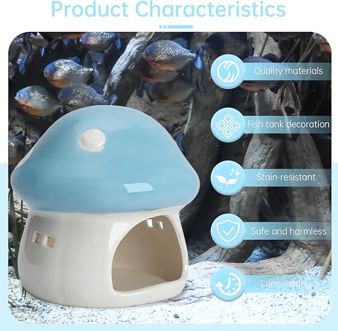 Saim Ceramics Mushroom House Aquarium Decor, Betta Fish Tank Accessories Landscape Decoration, Small Shrimp Goldfishes Habitat Hut Pleco Smalland Breeding Hide Caves Toad House - Blue