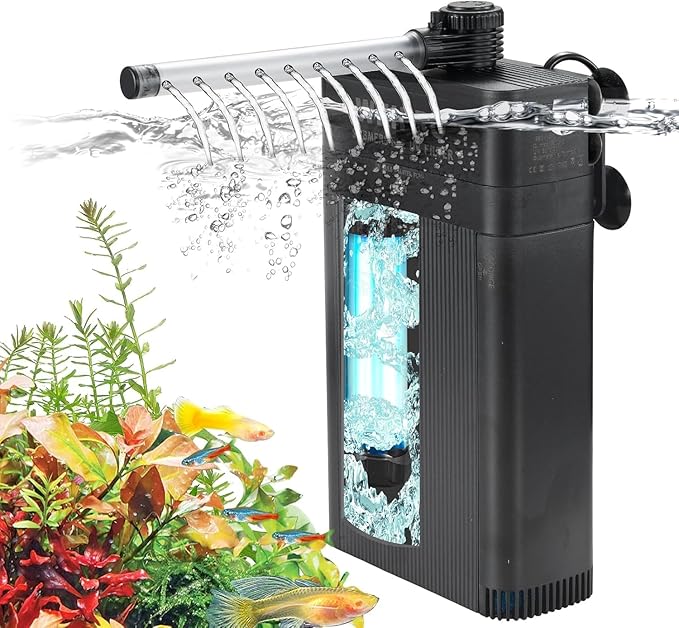 Internal Fish Tank Filter with 5W UV Light, Multi Filter Materials, Adjustable Water Flow Submersible 700L/H Aquarium Filter Pump for 30~50 Gal Freshwater or 20~30 Gal Saltwater, TU-700(185GPH)