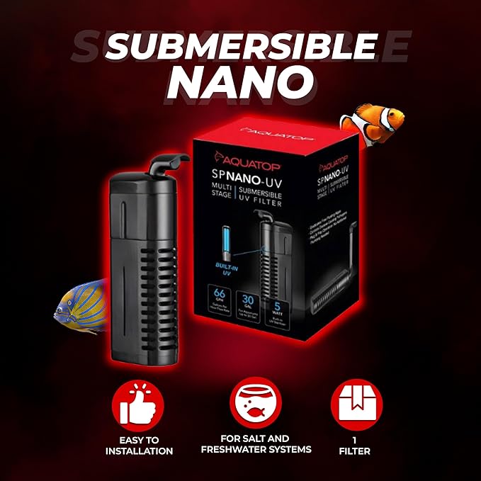 Aquatop 5W Submersible Nano Filter – for 10-30 Gallon – 66 GPH Flow Rate – for Crystal Clear Water – Ideal for Fresh & Saltwater Use – SPNANO-UV