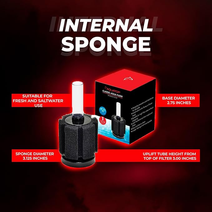 Aquatop Internal Sponge Filter for Aquariums – Suitable for Tanks Up to 25 Gallons, Freshwater and Saltwater Use, Compatible with Air Pumps or Powerheads