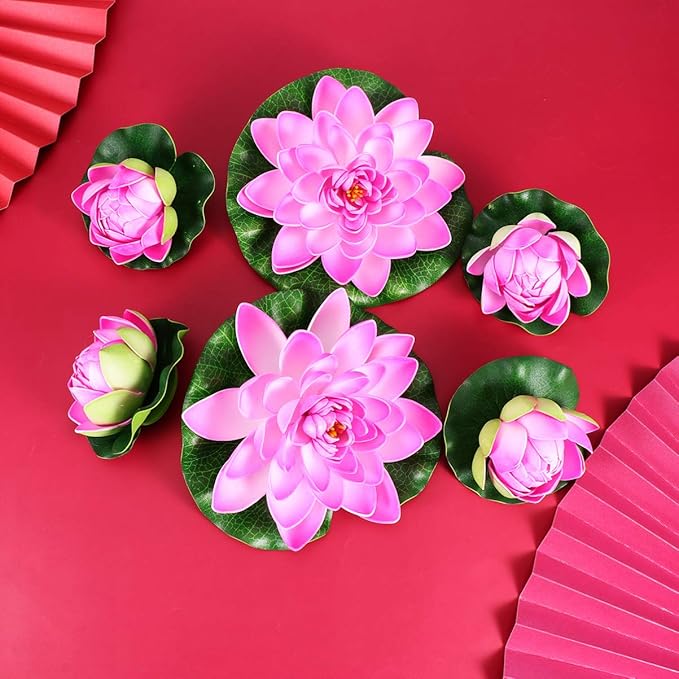 POPETPOP 6PCS Lotus Fake Pond Plants - Artificial Floating Water Lily Lotus Pool Decor - Realistic Water Lily Pads for Home Outdoor Patio Aquarium Wedding Party Decorations
