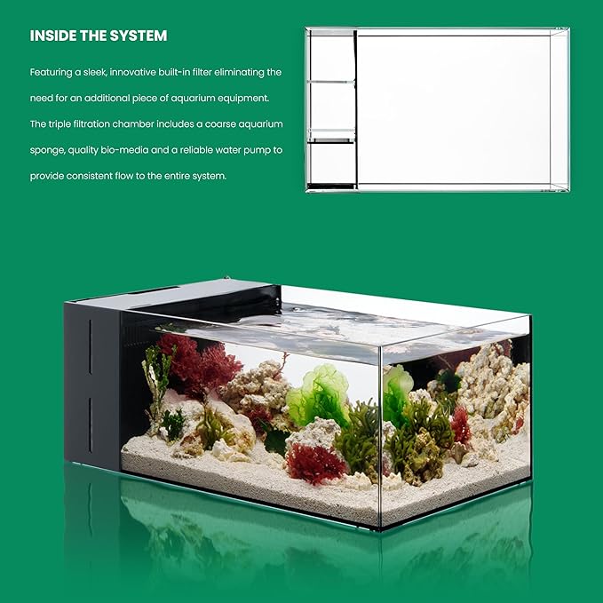 Ultum Nature Systems Dual AIO - Freshwater/Saltwater Compatible, All in One Rimless Tank with Triple Chamber Filtration System, Integrated Filter Aquarium with Leveling Mat - 6 Gallon, 45SA, Black