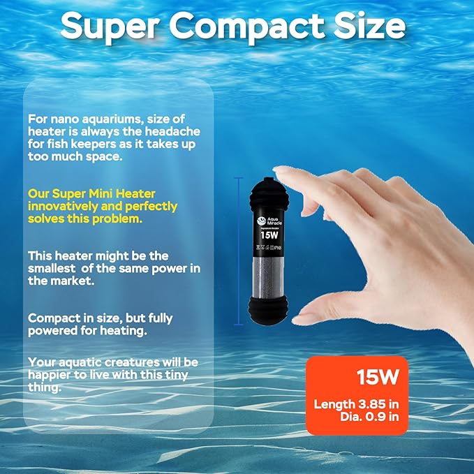 AquaMiracle 15W Small Aquarium Heater Fish Heater, Super Mini Fish Tank Heater Turtle Tank Heater for 1-3 Gal Tanks, with Dual LED Display, Dry-Run/Overheating Protection & Memory Function