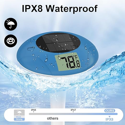 Wireless Pool Thermometer, Digital Pool Thermometer Floating Easy Read–IPX8 Waterproof Solar Temperature Gauge for Pond, 328 Feet Long Connection