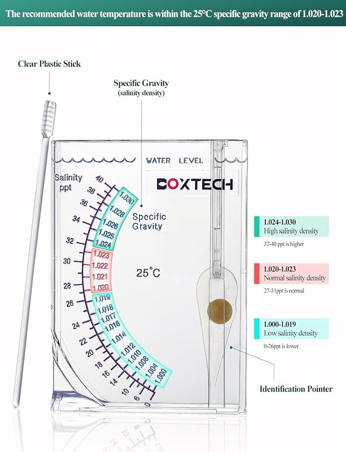 boxtech Aquarium Marine Test, Sea Saltwater Hydrometer, Reef Ocean Hydrometer Salinity Meter for Pool Aquarium Water Salinity Specific Gravity Test
