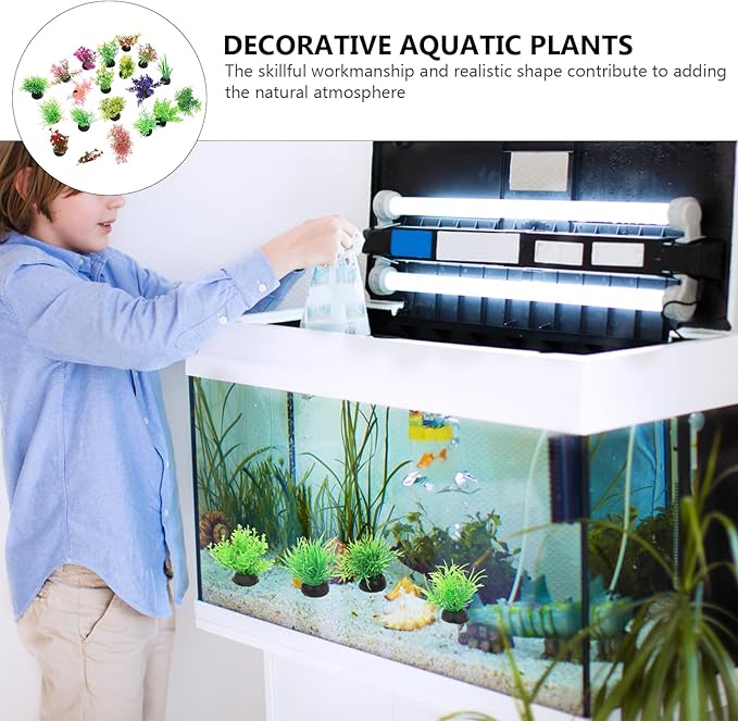 Ipetboom 20pcs Fish Tank Decorations Set Aquarium Plants, Colorful Artificial Decor - Mini Plastic Water Plants Grass Accessories for Beta Goldfish Turtle, Random Color