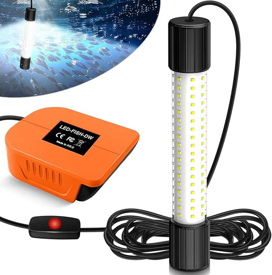 Underwater Fishing Light White LED Compatible with Dewalt 20V 60V Battery Lure Bait Light Submersible Night Boat Waterproof IP68 in Freshwater and Saltwater with 16.4FT