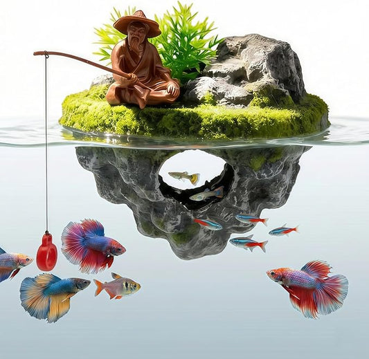 Floating Aquarium Decor with Interactive Fish Feeding Hook, Fish Tank Decorations for Betta, Guppy & Shrimp, Safe ABS Material Floating Fish Tank Decor, 3D Old Man