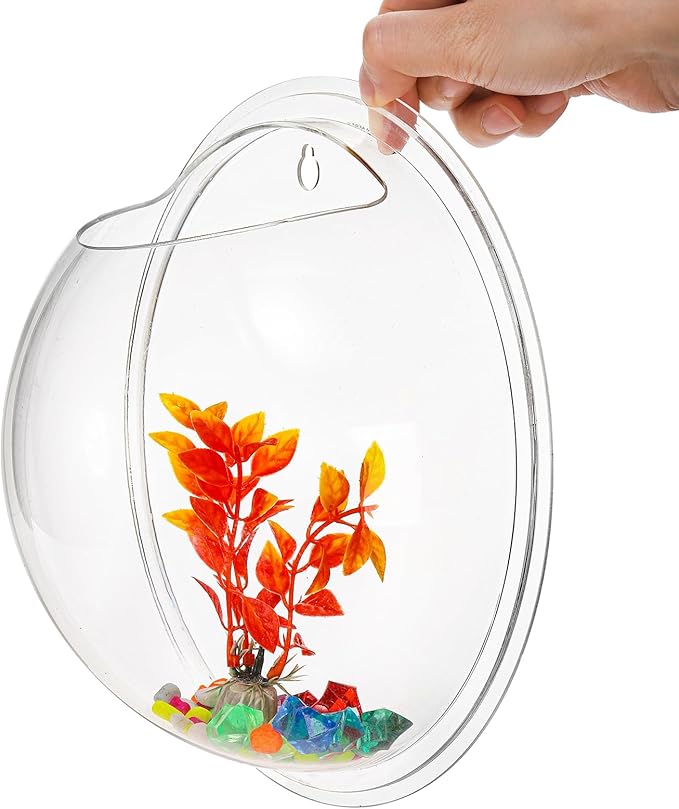 WUWEOT Hanging Fish Bowl, 9'' Acrylic Wall Mounted Fish Tank, 0.5 Gallon Hydroponic Air Plant Flower Pot, Transparency Bubble Vase Mini Aquarium Planter with Fake Plants and Colorful Stone