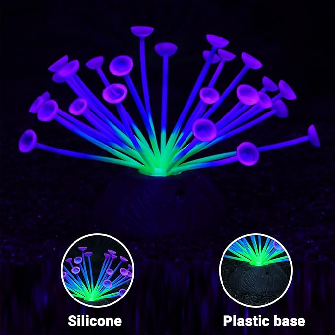 Suction Cup Anemone Aquarium Decor with Silicone Tentacles, Realistic Coral Reef Ornament for Saltwater and Freshwater Fish Tanks, Flexible Habitat for Shrimp, Invertebrates & Aquascaping (Purple)