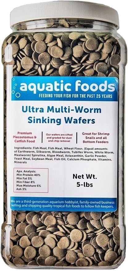 Ultra Multi-Worm 12mm - 1/2" Small Sinking Wafers for Bottom Fish, Shrimp, Snails, Crabs, Crayfish, All Tropical Fish..5-lb Lg Jar
