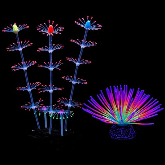 Uniclife Aquarium Imitative Rainbow Sea Urchin Ball and Pink Strip Coral Plant Ornament Artificial Silicone Ornament with Glowing Effect for Fish Tank Landscape Decoration