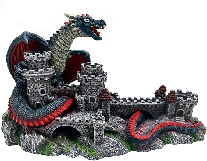 Dragon Castle Aquarium Ornament, Resin Large Fish Tank Decoration with Hiding Caves for Betta, Tropical Fish & Reptiles, Medieval Fantasy Underwater Landscape Decor-10.6 inches in Length