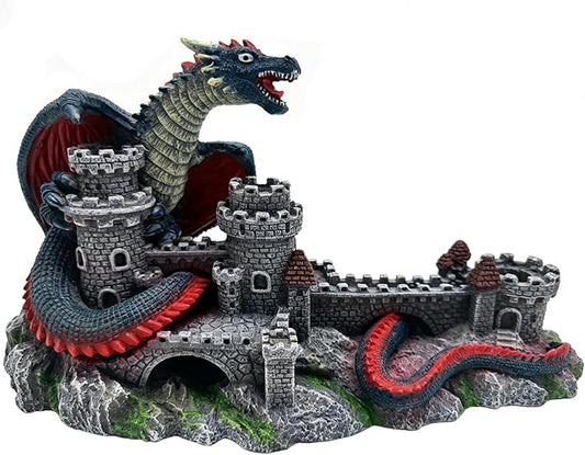Dragon Castle Aquarium Ornament, Resin Large Fish Tank Decoration with Hiding Caves for Betta, Tropical Fish & Reptiles, Medieval Fantasy Underwater Landscape Decor-10.6 inches in Length