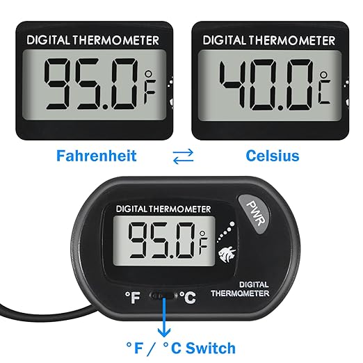 Digital Aquarium Thermometer with LCD Display - Water-Resistant Sensor Probe and Suction Cup for Fish and Reptile Tanks (Fahrenheit/Celsius)