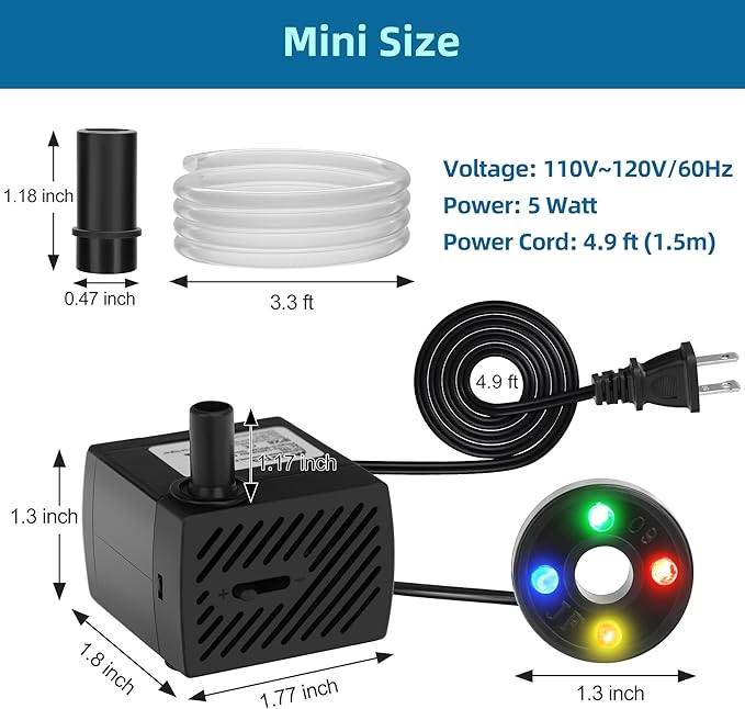 DaToo Mini Submersible Fountain Water Pump With LED Light 95GPH 5W Small Ultra Quiet Water Pump With Tubing For Aquarium Fish Tank Outdoor Pond Water Feature Fountain Statuary
