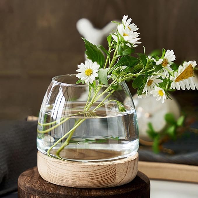 Glass Fish Bowl with Wooden Base, Transparent Small Aquarium Desktop Tank Vase Plant Terrarium Vase Home Decor, Multipurpose Aquarium Bowl for Betta Fish Goldf-ish
