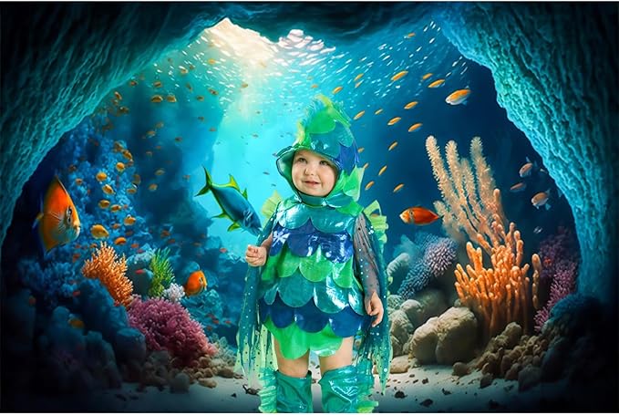 Renaiss 5x4ft Under The Sea Backdrop Fabric Ocean Underwater World Little Mermaid Tropical Fish Aquarium Photo Background Birthday Party Decorations Newborn Baby Shower Party Photo Prop