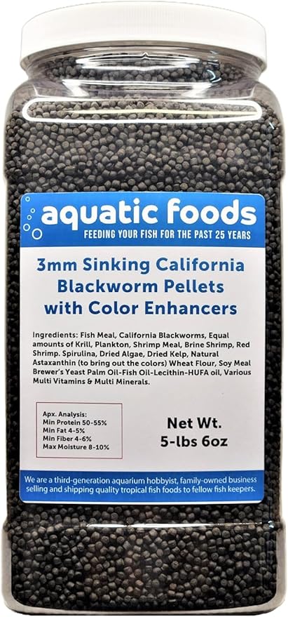 3mm Sinking Blackworm Pellets with Color Enhancers & Vitamins for Shrimp, Snails, Crayfish, Catfish, All Bottom Fish, All Tropical & Pond Fish…5-lb 6oz Lg Jar