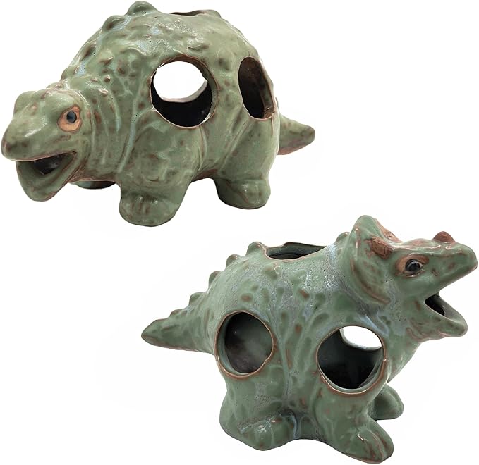 M2cbridge Aquarium Ceramic Cave Rock for Betta Shrimp Cichlid Fish Hideout Decor (Small Dinosaur 2pcs)