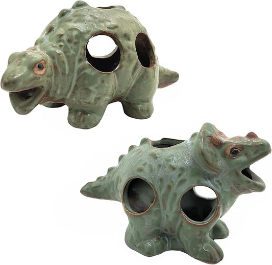 M2cbridge Aquarium Ceramic Cave Rock for Betta Shrimp Cichlid Fish Hideout Decor (Small Dinosaur 2pcs)