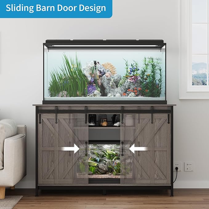 VOWNER Farmhouse 55-75 Gallon Fish Tank Stand with Power Outlet, Aquarium Stand with Storage Cabinet and Sliding Barn Door, Heavy Duty Reptile Tank Stand, for 2 Tanks, 1000LBS Capacity, Grey