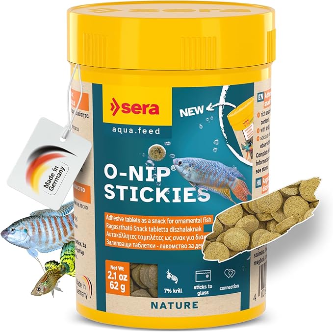 Sera O-Nip Stickies 100 Tabs 2.1 oz | Complete Feed for All Ornamental Fish | Adhesive Tablets Stick to The Aquarium Glass | High Protein | No Dyes & Preservatives | with Bloodworms, Krill & Tubifex