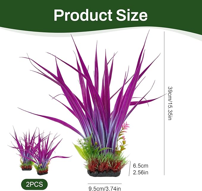 Aquarium Plants Plastic, 2-Pack 15.35" Tall Artificial Fish Tank Plants, Aquarium Fishbowl Decorations Ornament Safe for All Fish, Deep Lavender Tone