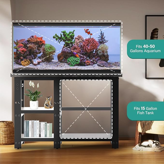 AQQA 40-50 Gallon Fish Tank Stand with 5 in 1 Power Outlets, 36x18 Inch Heavy Duty Metal Frame Aquarium Stand, Adjustable Storage Shelves, 720LBS Capacity Terrarium Stand, 3 Tiers Reptile Tank Stand