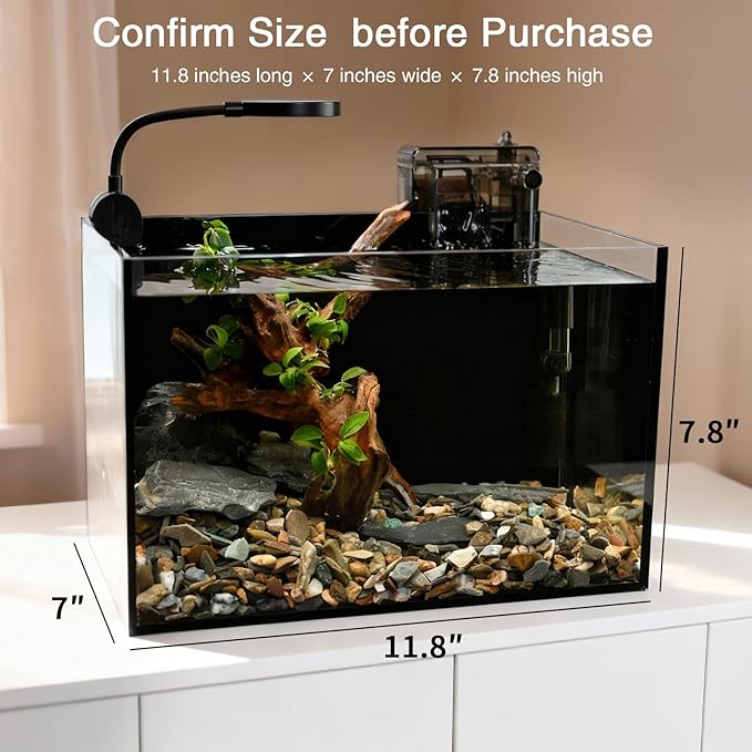 Nano Nature Aquarium Kit,2.8 Gallon Small Aquarium Set Glass Fish Tank with Waterfall Filter and Light for Beginners and Children to Keep Betta Fish, Goldfish, Shrimp, and Aquatic Plants