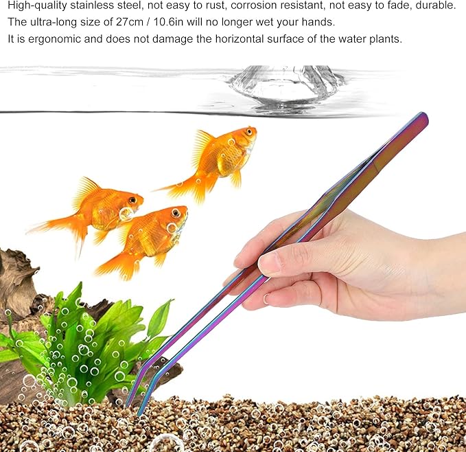 TITA-DONG 27cm Reptile Feeding Tongs, Rainbow Color Aquarium Tweezers Stainless Steel Fishbowl Long Tweezers, Aquascaping Tools for Hold Worms, Reptiles, Lizards, Bearded Dragon(27cm Curved Clip)
