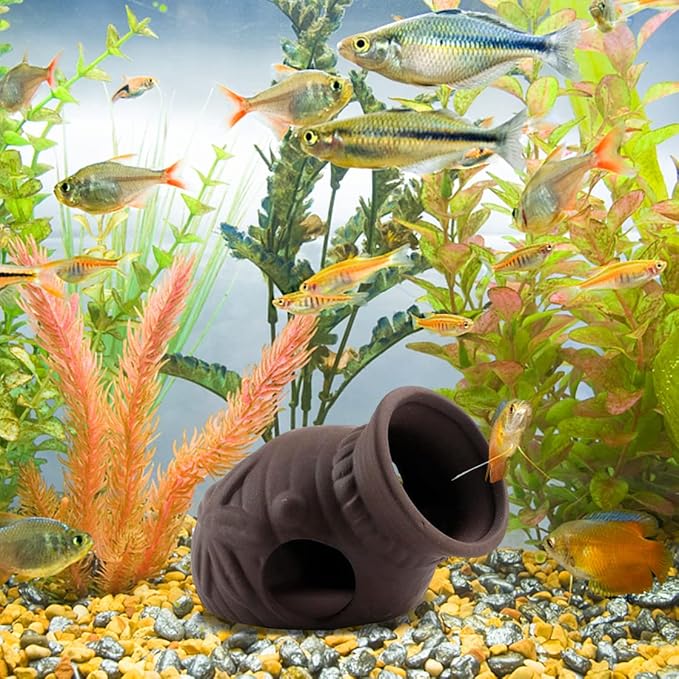 Ceramic Jar Aquarium Decorations Hollow Vase Fish Tank Shrimp Hideout Vintage Aquarium Ornament Hiding Cave Shelter for Shrimp Betta Lizards Hideaway Decor