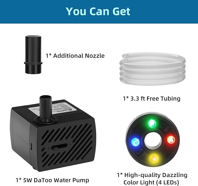 DaToo Mini Submersible Fountain Water Pump With LED Light 95GPH 5W Small Ultra Quiet Water Pump With Tubing For Aquarium Fish Tank Outdoor Pond Water Feature Fountain Statuary