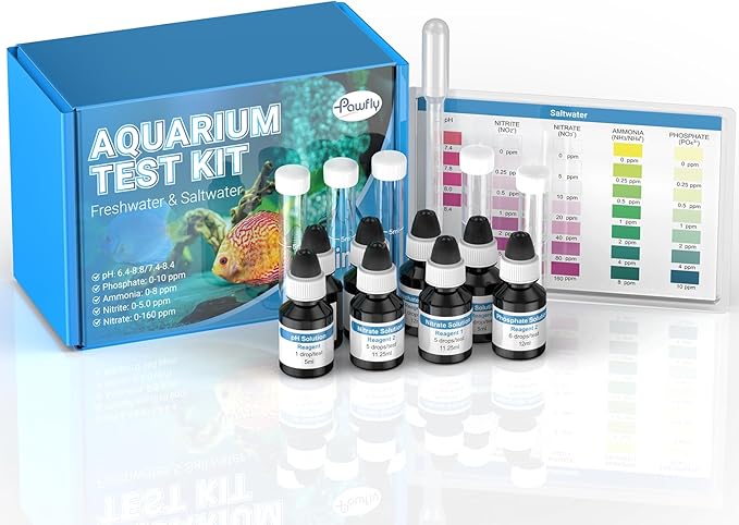 Pawfly 5 in 1 Aquarium Water Master Test Kit, Aquarium Water Test Kit Fish Tank Water Testing Kit for pH Nitrite Nitrate Ammonia & Phosphate, Aquarium Test Kit for Freshwater & Saltwater Fish Tanks