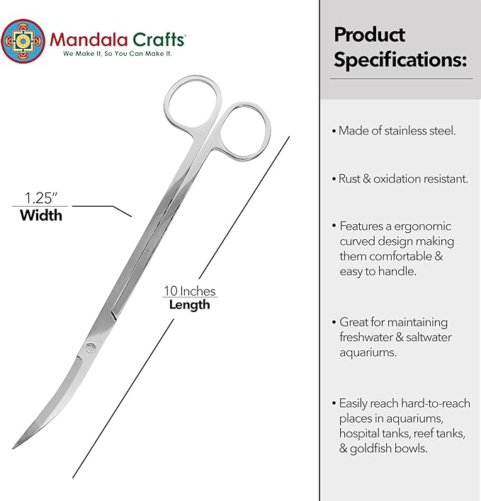 Mandala Crafts 10 Inches Silver Stainless Steel Curved Aquarium Scissors for Trimming Aquatic Plants – Bent Aquascape Scissors for Fish Tanks, Hospital Tanks, Goldfish Bowls, and Terrariums