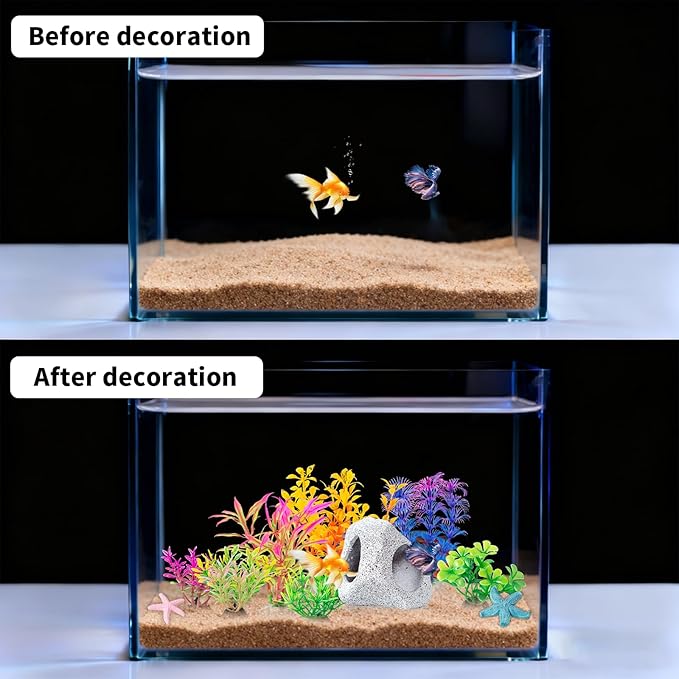 COMSUN 12 PCS Aquarium Decoration Cave Set, Ceramic Fish Tank Hideaway Rock Accessories, Colorful Plastic Aquarium Plants & Resin Starfish, Small Fish Tank Ornaments for Pet Fish to Hideout and Rest