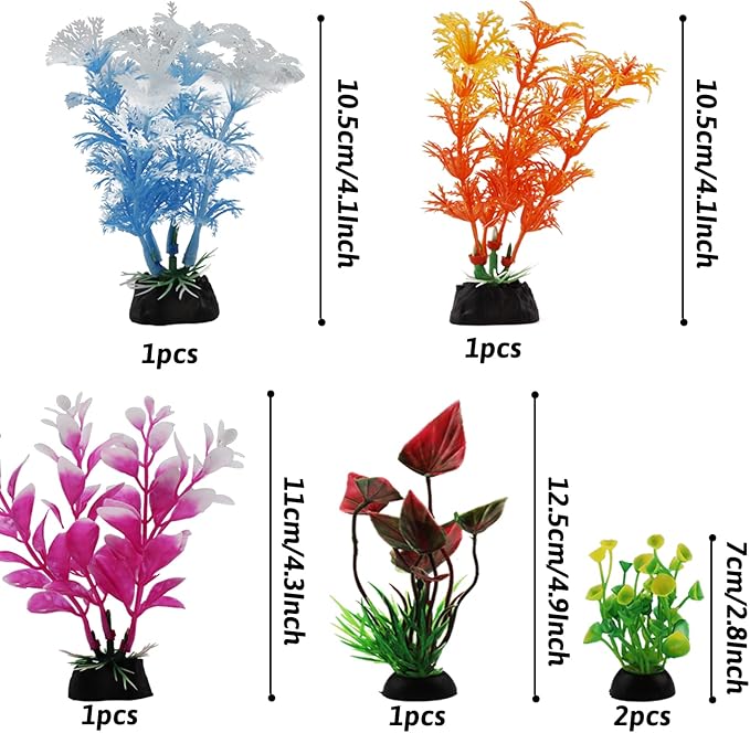 Aquarium Decorations - 6pcs Colorful Fish Tank Plants, Plastic Accessories for Mini Aquariums