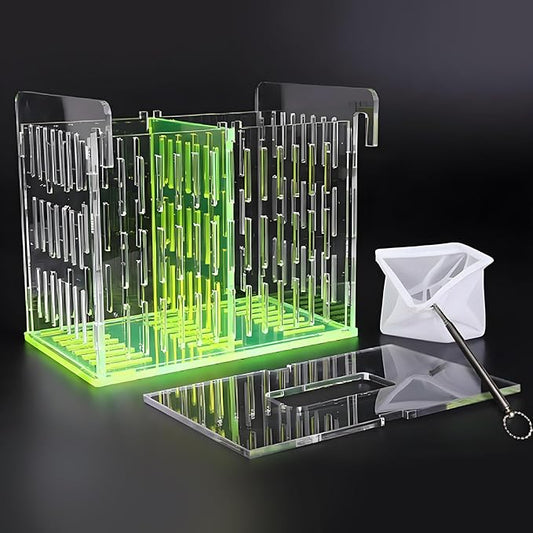 Green Acrylic Aquarium Breeder Box, 7.4x5.3x6.3 in Hang-On Fish Isolation Box with Long Handle Net, Removable Divider & Feeding Hole for Betta Guppy Shrimp Freshwater Saltwater