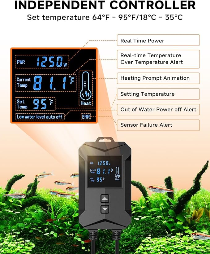 AQQA Aquarium Heater 800W/1000W/1200W/1400W Fish Tank Heater with LED Digital Display 110-120V Submersible No Pond Heaters with Overheat & Dry-Out Protection for Freshwater & Saltwater Tanks (1000W)