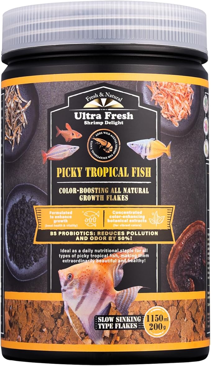 Ultra Fresh Tropical Fish Flakes Food, Color Boosting, All Natural, Complete Nutrition for Tropical Fish, Discus, Angelfish 7.05oz