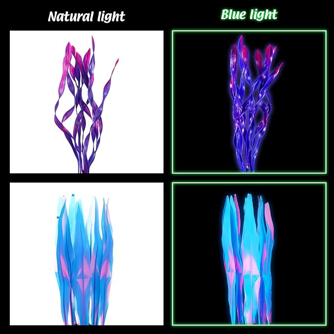 Frienda 8 Pieces Glowing Effect Fish Tank Decorations Artificial Plants with 2 Style Glowing Kelp, Sea Anemone, Simulation Coral, Jellyfish, Lotus Leaf, Mushroom for Aquarium Ornament(Blue, Pink)