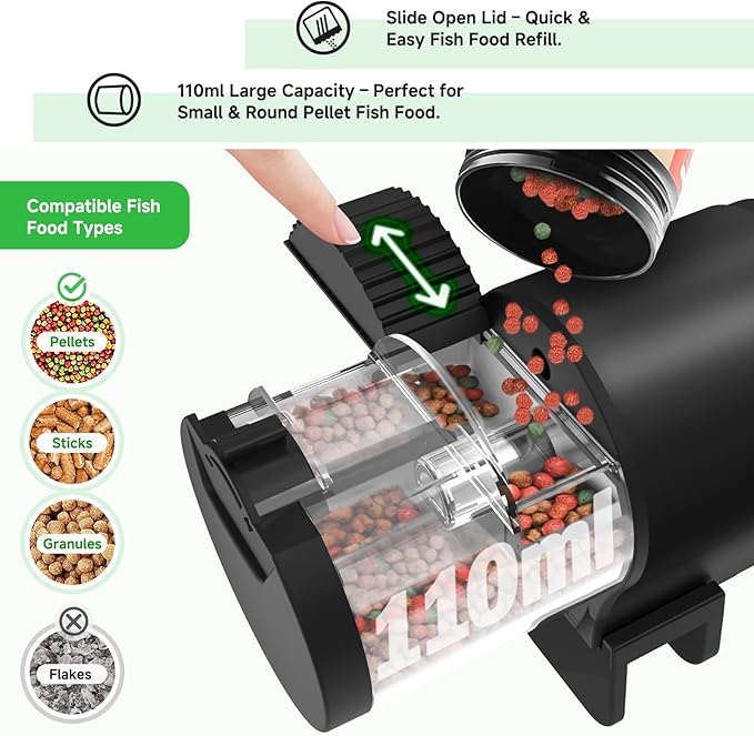 AQQA Automatic Fish Feeder for Aquarium Auto Feeder with 12H/24H/48H Timer 110ml Large Capacity Manual/Auto Feeding Modes Battery Powered Fish Food Dispenser