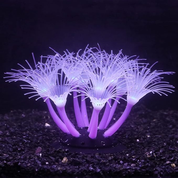 Artificial Flowers Soft Silica Gel Moves Naturally with Water Flow, Aquarium Decorations Glow in The Dark, Glowing Coral Ornaments for Fish Tank Decorations (Purple, Sunflower)